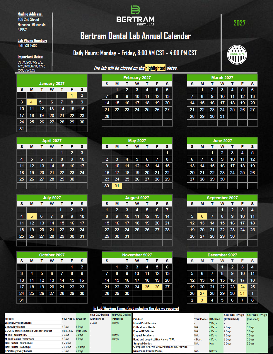 Bertram Dental Lab 2027 Calendar